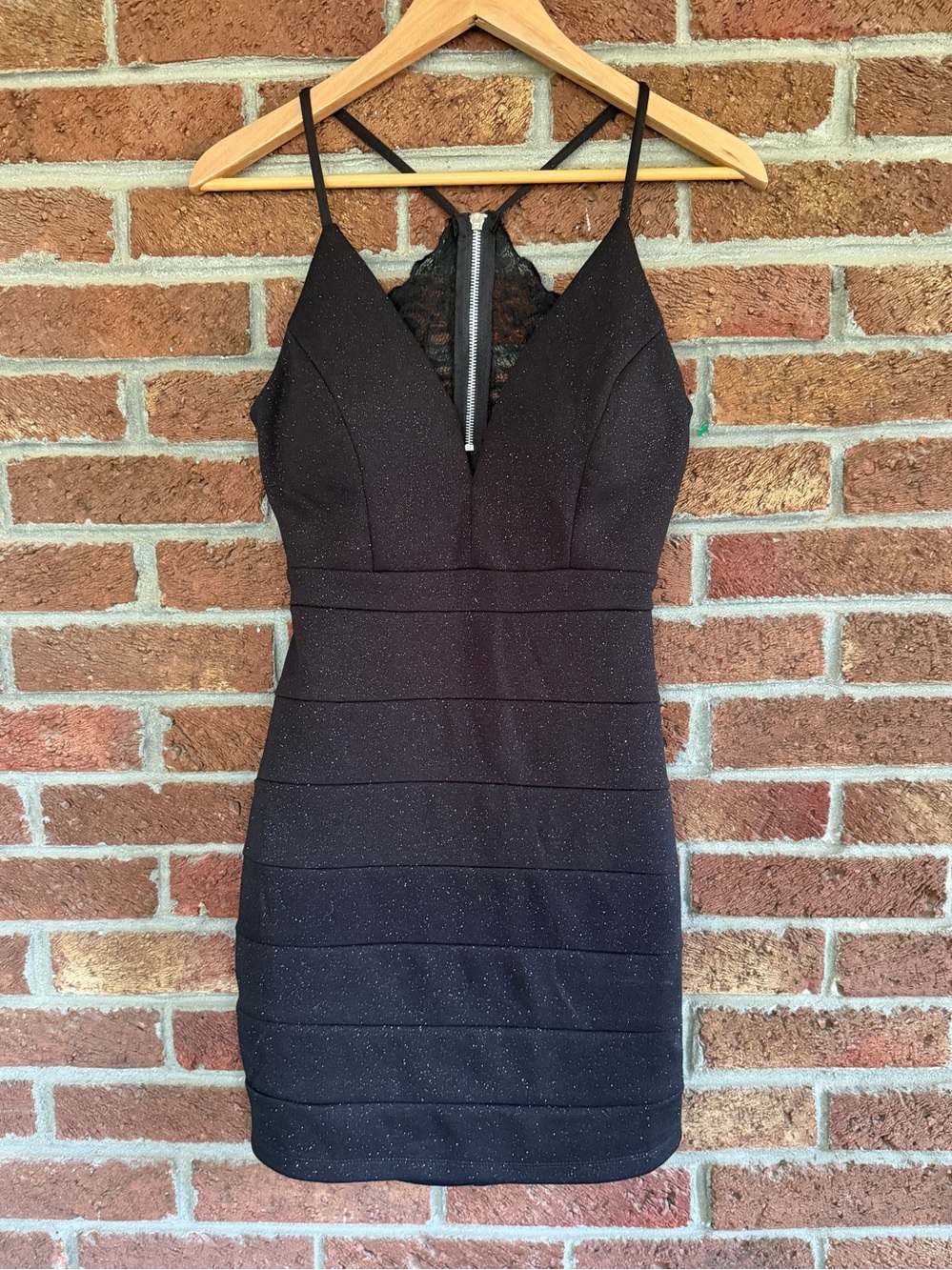 Black Sparkle Bodycon Dress with Lace Back. Sparkle.  Medium.